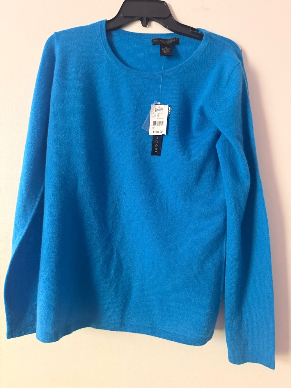 NWT Preswick & Moore Women's Bright Blue cashmere Crewneck Sweater